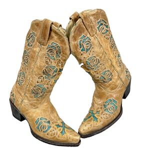 CORRAL Boots Women 7.5 M Tan Turquoise Leather Western Cross Ross Embroiderey